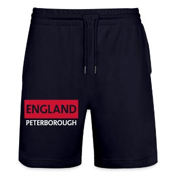 Conception du texte et du drapeau en anglais - Short de jogging bio TRAINER Stanley/Stella unisexe - marine foncé - Devant - Nik (191cm) & Marisol (170cm)