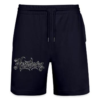 Hamburg lettering with gothic details - Stanley/Stella Trainer Unisex Organic Jogging Shorts - dark navy - Front - Nik (191cm) & Marisol (170cm)