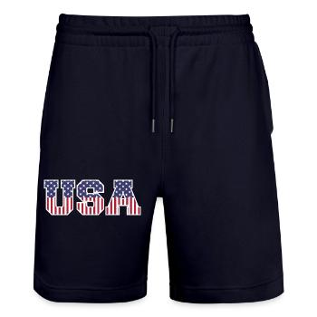 College USA Font Red White Blue Stars And Stripes - Stanley/Stella Trainer Unisex Organic Jogging Shorts - dark navy - Front - Nik (191cm) & Marisol (170cm)