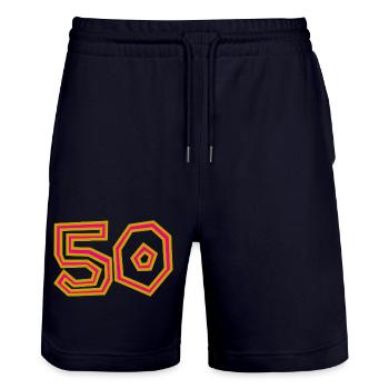 50. 50 JAHRE. 50-JÄHRIGES JUBILÄUM. 50-JÄHRIGES JUBILÄUM. - Stanley/Stella Unisex Bio Joggingshorts Trainer  - Dark navy - Vorne - Nik (191cm) & Marisol (170cm)
