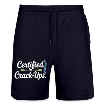 Licensed DC Clinical Vertebral Integrity  - Stanley/Stella Trainer Unisex Organic Jogging Shorts - dark navy - Front - Nik (191cm) & Marisol (170cm)
