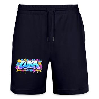 Graffiti  LUKA Prénom cadeau idéal imprimable sur  - Short de jogging bio TRAINER Stanley/Stella unisexe - marine foncé - Devant - Nik (191cm) & Marisol (170cm)