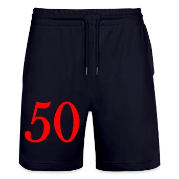 50. 50 YEARS. 50th ANNIVERSARY. 50 YEARS ANNIVERSARY. - Stanley/Stella Trainer Unisex Organic Jogging Shorts - dark navy - Front - Nik (191cm) & Marisol (170cm)