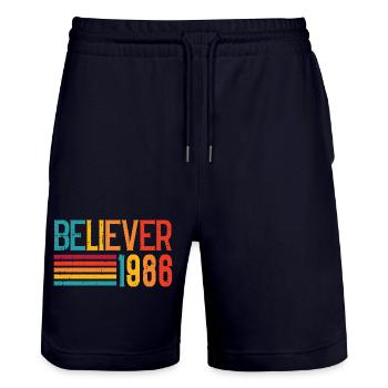 Believe 1986 Rainbow Retro - Stanley/Stella Trainer Unisex Organic Jogging Shorts - dark navy - Front - Nik (191cm) & Marisol (170cm)