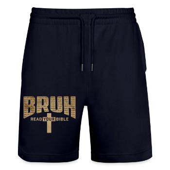 Bruh Read Your Bible Easter Christian Funny - Stanley/Stella Trainer Unisex Organic Jogging Shorts - dark navy - Front - Nik (191cm) & Marisol (170cm)