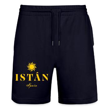 Istán Spain Sun Emblem - Stanley/Stella Trainer Unisex Organic Jogging Shorts - dark navy - Front - Nik (191cm) & Marisol (170cm)