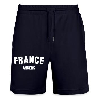 Angers, France, France - Short de jogging bio TRAINER Stanley/Stella unisexe - marine foncé - Devant - Nik (191cm) & Marisol (170cm)