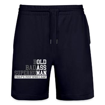 Bold Badass Superhuman Dad Grandpa Humor - Stanley/Stella Trainer Unisex Organic Jogging Shorts - dark navy - Front - Nik (191cm) & Marisol (170cm)