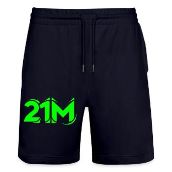 21M Crypto Symbol for Bitcoin Fans - Stanley/Stella Trainer Unisex Organic Jogging Shorts - dark navy - Front - Nik (191cm) & Marisol (170cm)