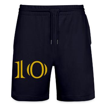 10. 10 YEARS. 10th ANNIVERSARY. 10 YEAR ANNIVERSARY. - Stanley/Stella Trainer Unisex Organic Jogging Shorts - dark navy - Front - Nik (191cm) & Marisol (170cm)