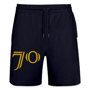 70. 70 YEARS. 70th ANNIVERSARY. 70 YEARS ANNIVERSARY. - Stanley/Stella Trainer Unisex Organic Jogging Shorts - dark navy - Front - Nik (191cm) & Marisol (170cm)
