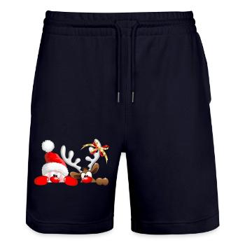 Funny Christmas Santa and Reindeer Peeking - Stanley/Stella Trainer Unisex Organic Jogging Shorts - dark navy - Front - Nik (191cm) & Marisol (170cm)