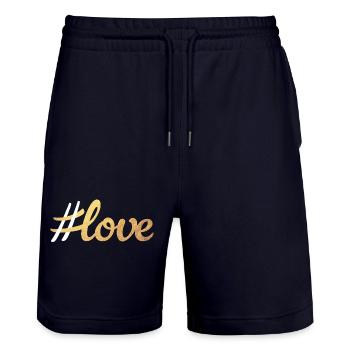 Hashtag Love Love Gold Handwriting Wedding Couples - Stanley/Stella Trainer Unisex Organic Jogging Shorts - dark navy - Front - Nik (191cm) & Marisol (170cm)