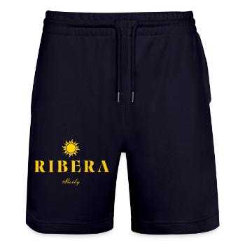 Ribera Sicily Sun Emblem - Stanley/Stella Trainer Unisex Organic Jogging Shorts - dark navy - Front - Nik (191cm) & Marisol (170cm)