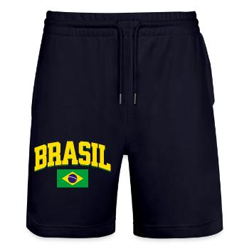 Brazil Football Lover Retro Sports Design - Stanley/Stella Trainer Unisex Organic Jogging Shorts - dark navy - Front - Nik (191cm) & Marisol (170cm)