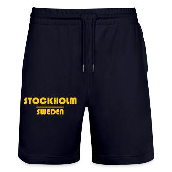 Stockholm Neon Typography - Stanley/Stella Trainer Unisex Organic Jogging Shorts - dark navy - Front - Nik (191cm) & Marisol (170cm)