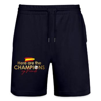 spain_champions - Stanley/Stella Trainer Unisex Organic Jogging Shorts - dark navy - Front - Nik (191cm) & Marisol (170cm)