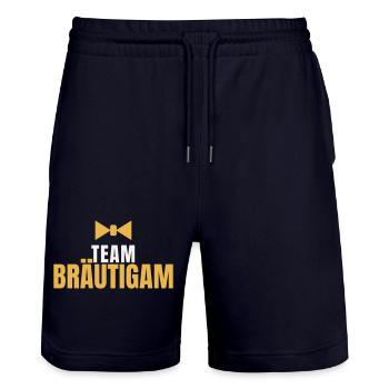 Team Braeutigam JGA Junggesellenabschied Groom - Stanley/Stella Unisex Bio Joggingshorts Trainer  - Dark navy - Vorne - Nik (191cm) & Marisol (170cm)