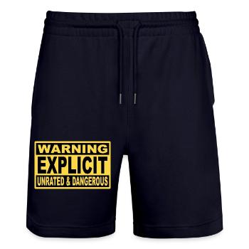 Warning Explicit: Unrated & Danger. - Stanley/Stella Trainer Unisex Organic Jogging Shorts - dark navy - Front - Nik (191cm) & Marisol (170cm)