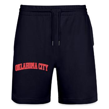 Oklahoma City Varsity Lettering - Stanley/Stella Trainer Unisex Organic Jogging Shorts - dark navy - Front - Nik (191cm) & Marisol (170cm)