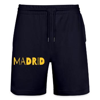 Madrid Bold Cityscape in Yellow - Stanley/Stella Trainer Unisex Organic Jogging Shorts - dark navy - Front - Nik (191cm) & Marisol (170cm)