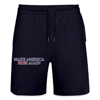 Make America Free Again - Freedom Statement  - Stanley/Stella Trainer Unisex Organic Jogging Shorts - dark navy - Front - Nik (191cm) & Marisol (170cm)