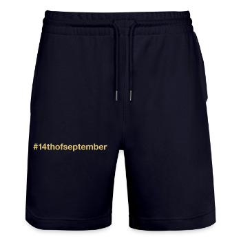 geboren am 14. September Geburtstag birthday - Stanley/Stella Unisex Bio Joggingshorts Trainer  - Dark navy - Vorne - Nik (191cm) & Marisol (170cm)