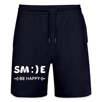 SMILE - BE HAPPY - Mental Health - Optimism - Stanley/Stella Trainer Unisex Organic Jogging Shorts - dark navy - Front - Nik (191cm) & Marisol (170cm)