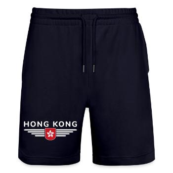 I Love Hong Kong, Design T-Shirt Outfit - Stanley/Stella Trainer Unisex Organic Jogging Shorts - dark navy - Front - Nik (191cm) & Marisol (170cm)