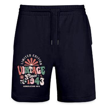 1943 Birthday 80 Years Vintage Groovy - Stanley/Stella Trainer Unisex Organic Jogging Shorts - dark navy - Front - Nik (191cm) & Marisol (170cm)