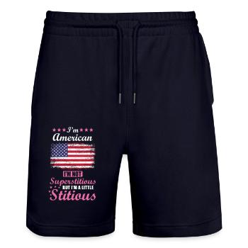 American Gift Funny Saying USA - Stanley/Stella Trainer Unisex Organic Jogging Shorts - dark navy - Front - Nik (191cm) & Marisol (170cm)