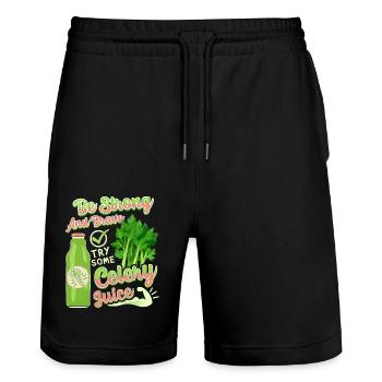 Celery, funny saying, try-celery juice - Stanley/Stella Trainer Unisex Organic Jogging Shorts - black - Front - Nik (191cm) & Marisol (170cm)
