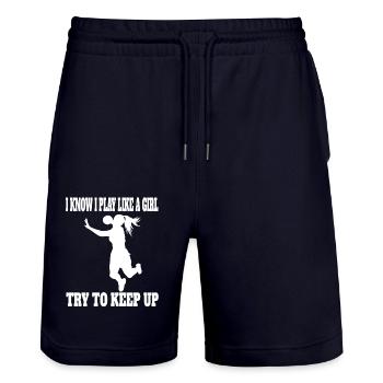 Handballspielerin Handball Frau Handballerin Damen - Stanley/Stella Unisex Bio Joggingshorts Trainer  - Dark navy - Vorne - Nik (191cm) & Marisol (170cm)