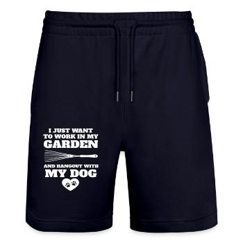 Garden Dog Hobby Gardener Orchard Gardener Dogs - Stanley/Stella Trainer Unisex Organic Jogging Shorts - dark navy - Front - Nik (191cm) & Marisol (170cm)