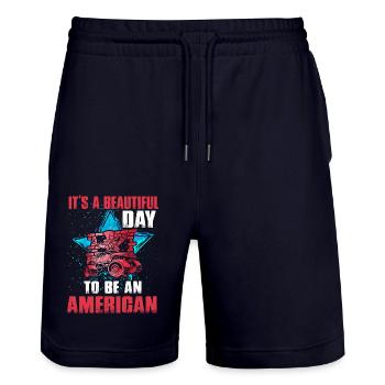 It's a beautiful day to be an American 4th of July - Stanley/Stella Trainer Unisex Organic Jogging Shorts - dark navy - Front - Nik (191cm) & Marisol (170cm)