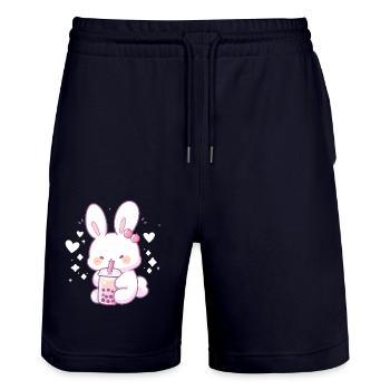 Kawaii Bunny Drinks Boba Bubble Tea Chibi - Stanley/Stella Trainer Unisex Organic Jogging Shorts - dark navy - Front - Nik (191cm) & Marisol (170cm)