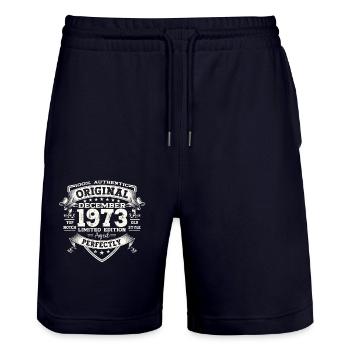 December Vintage 1973 50th Birthday Vintage - Stanley/Stella Trainer Unisex Organic Jogging Shorts - dark navy - Front - Nik (191cm) & Marisol (170cm)