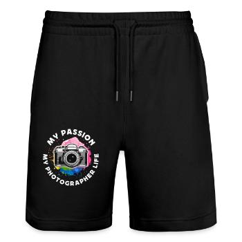 Photographer My Passion My Photographer Cameraman - Stanley/Stella Unisex Bio Joggingshorts Trainer  - Schwarz - Vorne - Nik (191cm) & Marisol (170cm)
