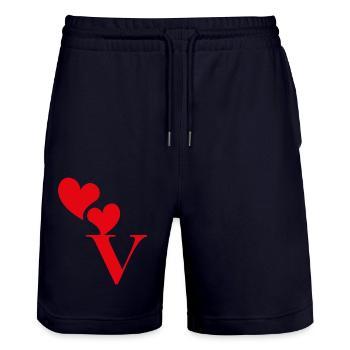 Lettre v cœur rouge - Short de jogging bio TRAINER Stanley/Stella unisexe - marine foncé - Devant - Nik (191cm) & Marisol (170cm)