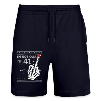41 + 1 Flip Off - Ugly Christmas Sweater for 42nd - Stanley/Stella Trainer Unisex Organic Jogging Shorts - dark navy - Front - Nik (191cm) & Marisol (170cm)