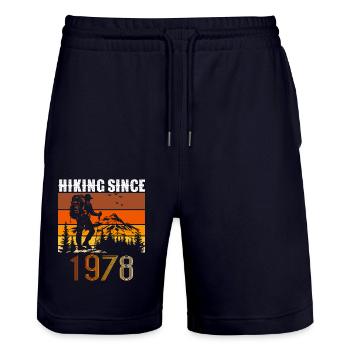Hiking since 1978, Vintage Birthday Gift - Stanley/Stella Trainer Unisex Organic Jogging Shorts - dark navy - Front - Nik (191cm) & Marisol (170cm)
