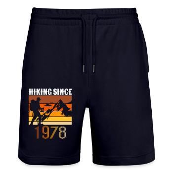 Hiking since 1978, Vintage Birthday Gift - Stanley/Stella Trainer Unisex Organic Jogging Shorts - dark navy - Front - Nik (191cm) & Marisol (170cm)