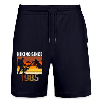 Hiking since 1985, Vintage Birthday Gift - Stanley/Stella Trainer Unisex Organic Jogging Shorts - dark navy - Front - Nik (191cm) & Marisol (170cm)