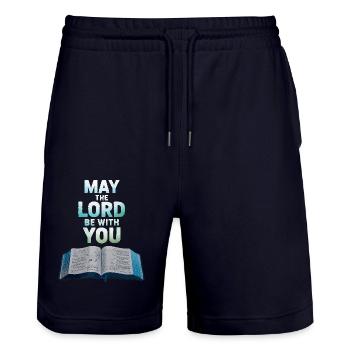 May the lord be with you - Stanley/Stella Trainer Unisex Organic Jogging Shorts - dark navy - Front - Nik (191cm) & Marisol (170cm)