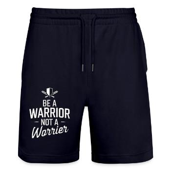 Be a warrior, not a worrier inspirational saying - Stanley/Stella Trainer Unisex Organic Jogging Shorts - dark navy - Front - Nik (191cm) & Marisol (170cm)