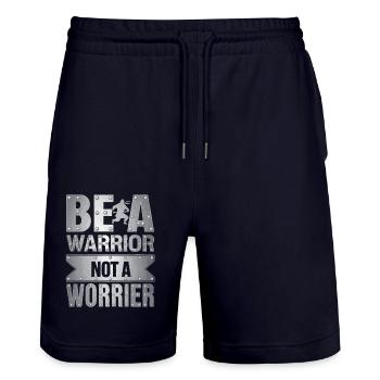 Be a warrior, not a worrier inspirational saying - Stanley/Stella Trainer Unisex Organic Jogging Shorts - dark navy - Front - Nik (191cm) & Marisol (170cm)