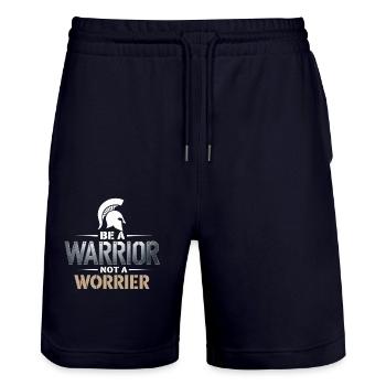 Be a warrior, not a worrier inspirational saying - Stanley/Stella Trainer Unisex Organic Jogging Shorts - dark navy - Front - Nik (191cm) & Marisol (170cm)