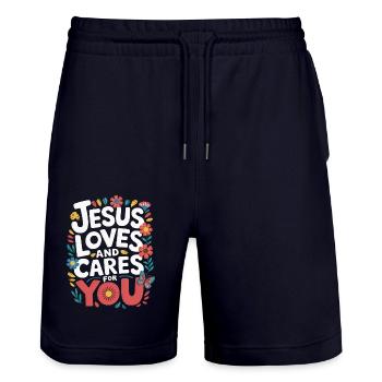 Jesus loves and cares for you - Stanley/Stella Unisex Bio Joggingshorts Trainer  - Dark navy - Vorne - Nik (191cm) & Marisol (170cm)