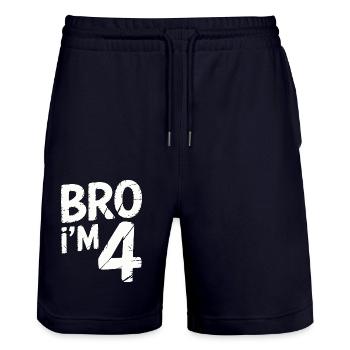 Frère, j’ai 4 ans – Design d’anniversaire cool - Short de jogging bio TRAINER Stanley/Stella unisexe - marine foncé - Devant - Nik (191cm) & Marisol (170cm)