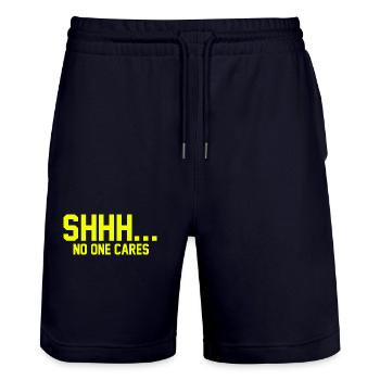 SHHH... No one cares - Stanley/Stella Trainer Unisex Organic Jogging Shorts - dark navy - Front - Nik (191cm) & Marisol (170cm)